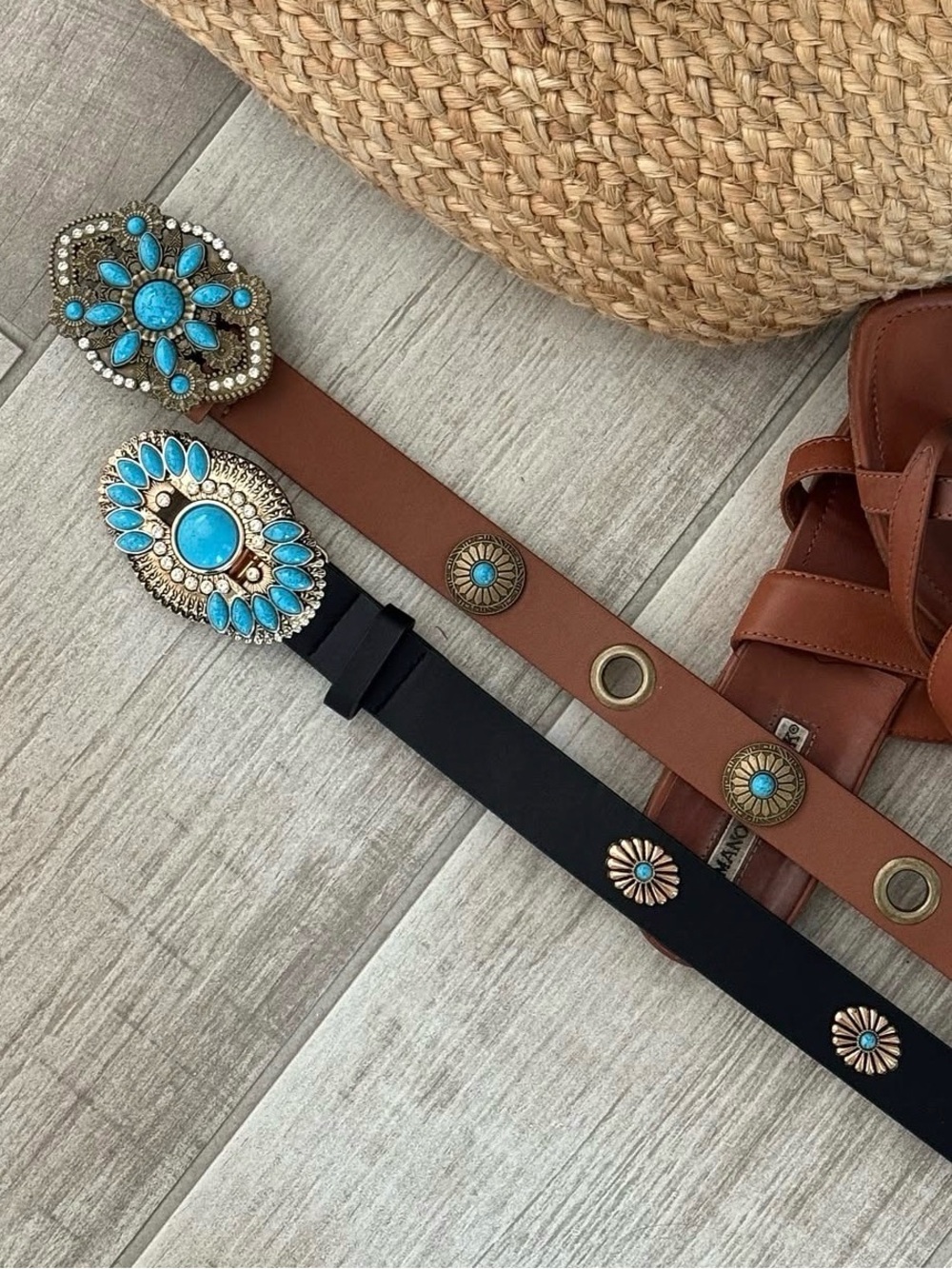Western Belt with Rhinestone and Turquoise Conchos